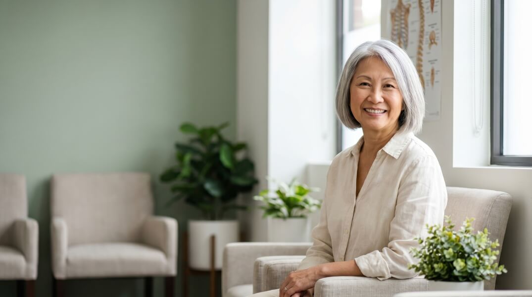 An image of an older lady waiting in an empty waiting room.